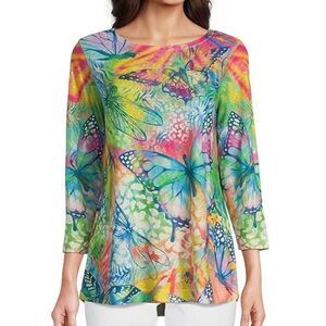 Ali Miles Knit Floral Butterfly Print Top Colorful scoop Neck Women's Medium